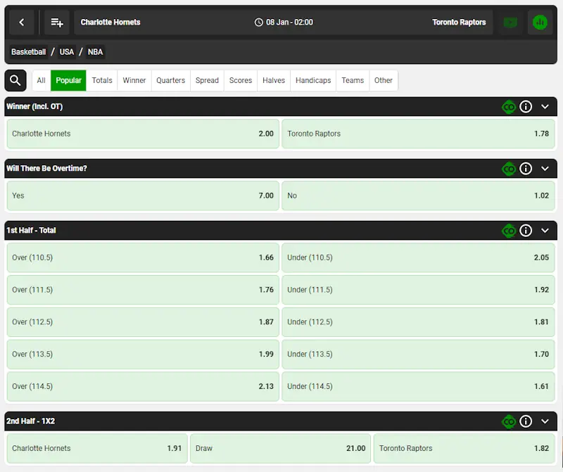 Betway Basketball NBA Betting Market Screenshot